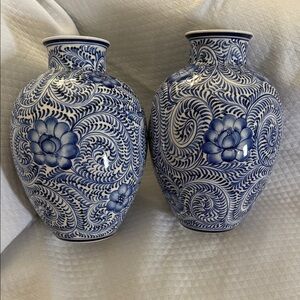 Pair of Hand-Painted Blue & White Chinoiserie Vases Made in Vietnam Mint